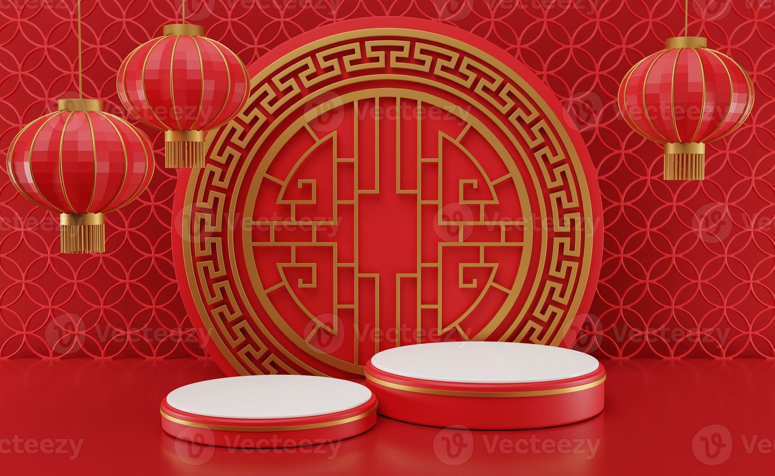 3D rendering illustration Chinese new year mock up Cylinder podiums, Chinese Festivals, empty pedestal template for product display decorated, geometric background, cosmetics stand concept, abstract photo