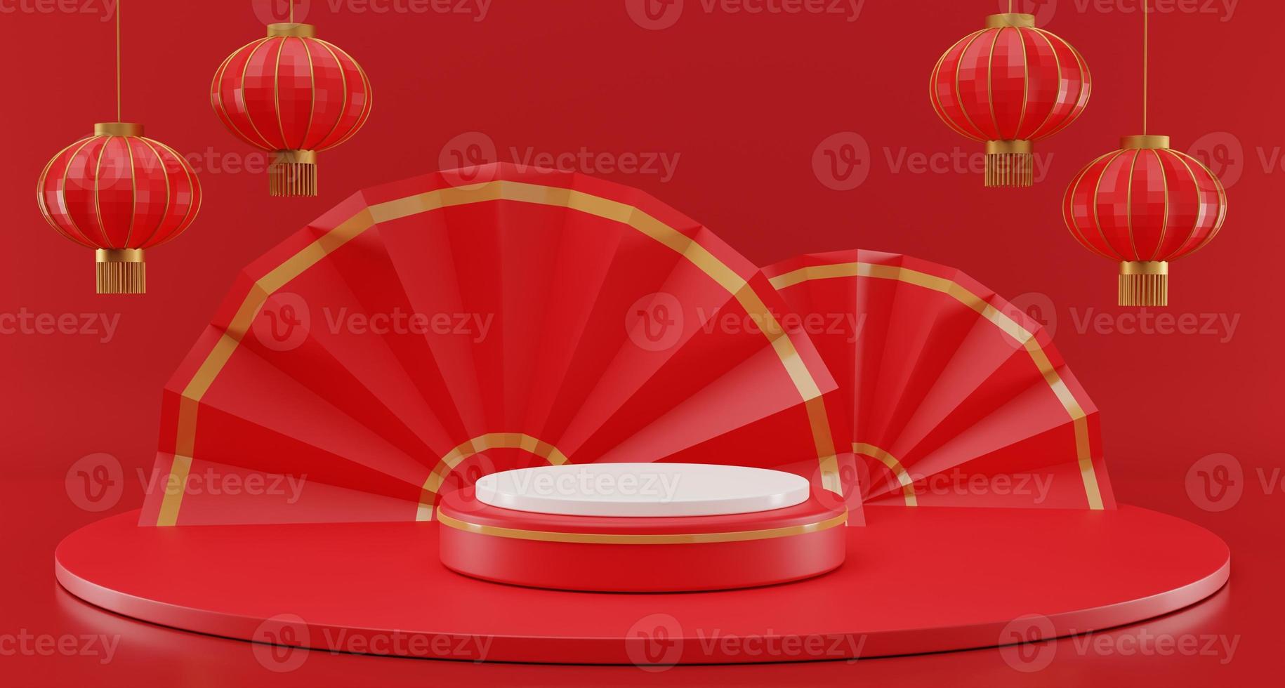 Chinese new year mock up Cylinder podiums, Chinese Festivals, empty pedestal template photo