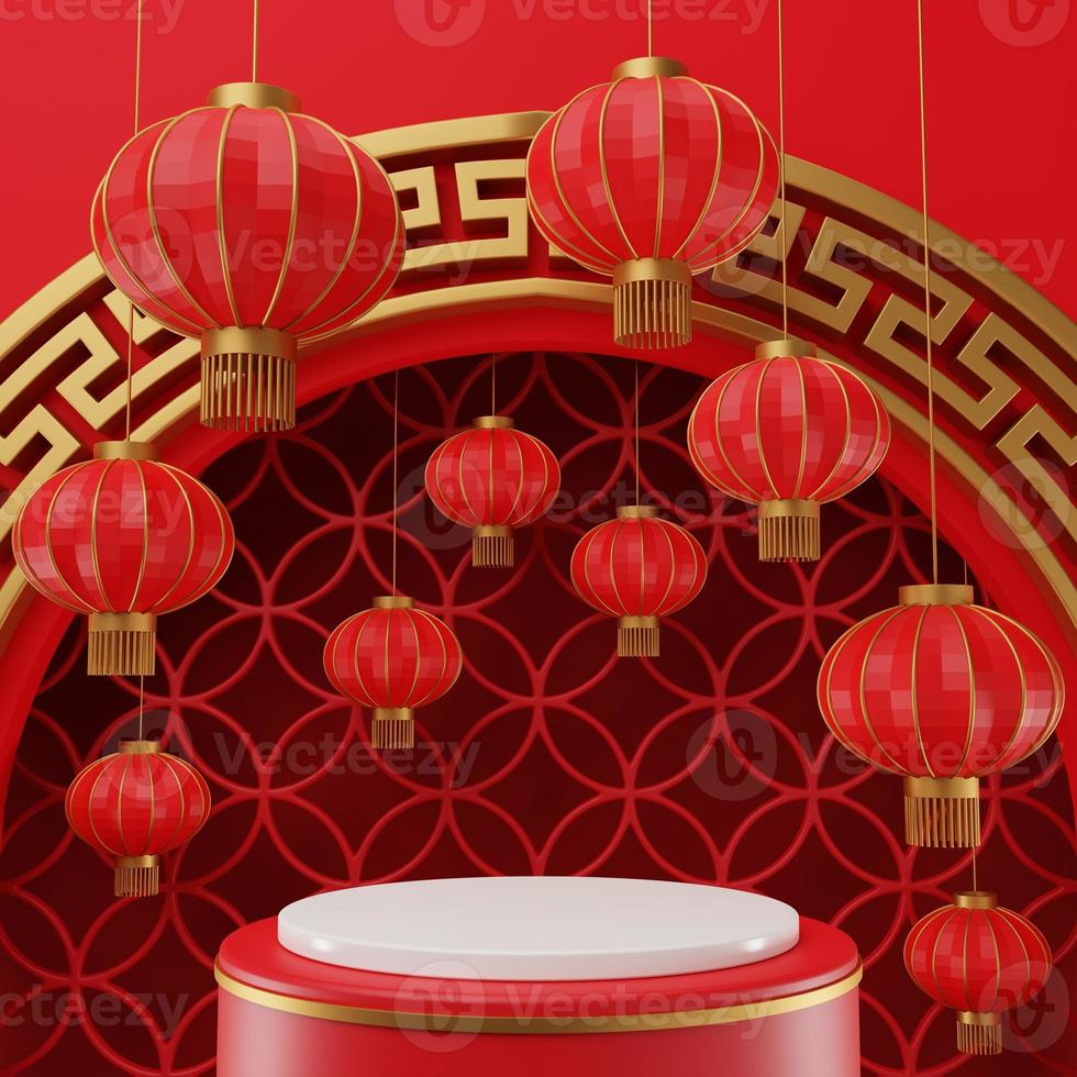 Chinese new year mock up Cylinder podiums, Chinese Festivals, empty pedestal template photo