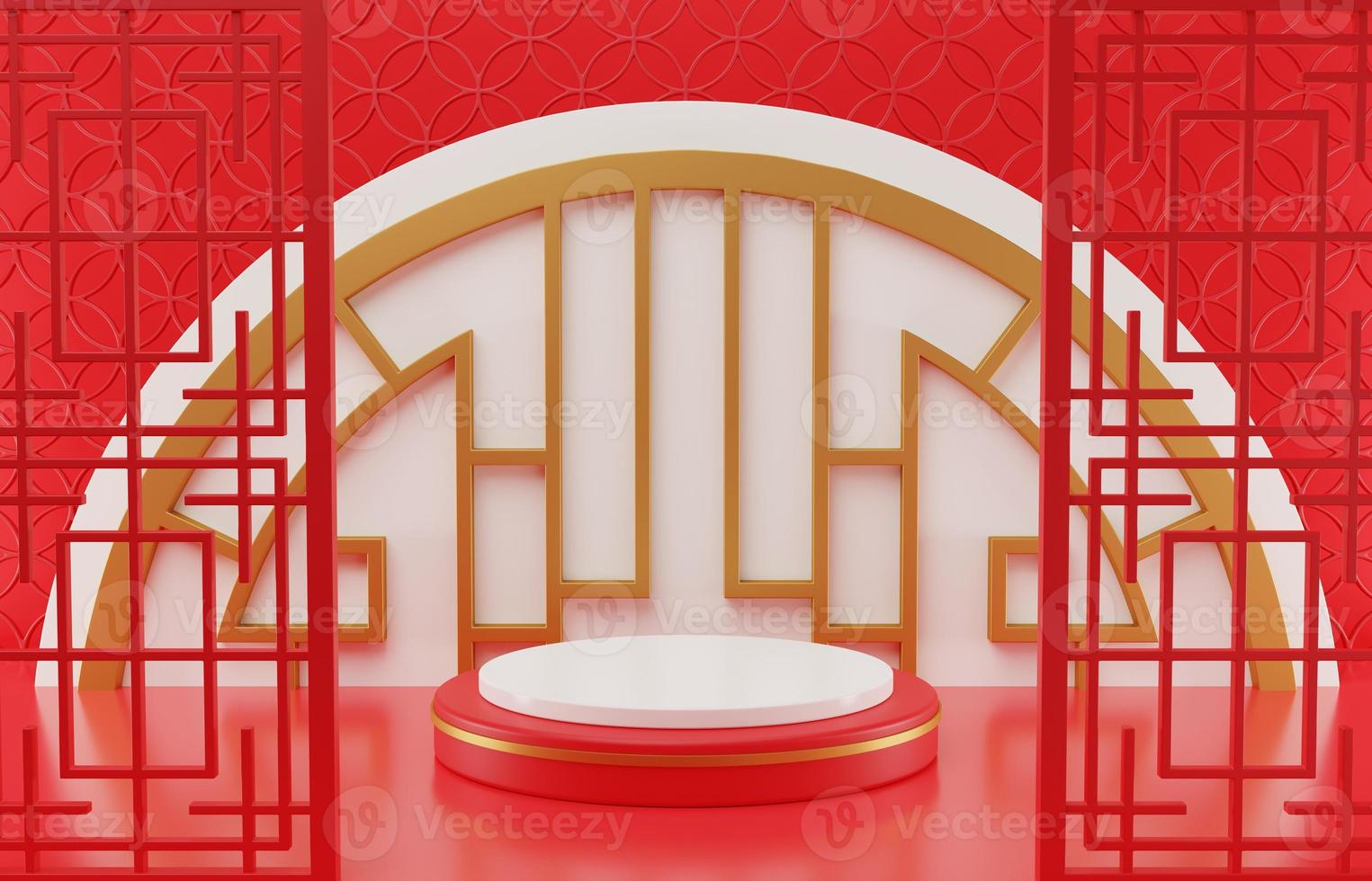 3D rendering illustration Chinese new year mock up Cylinder podiums, Chinese Festivals, empty pedestal template for product display decorated, geometric background, cosmetics stand concept, abstract photo
