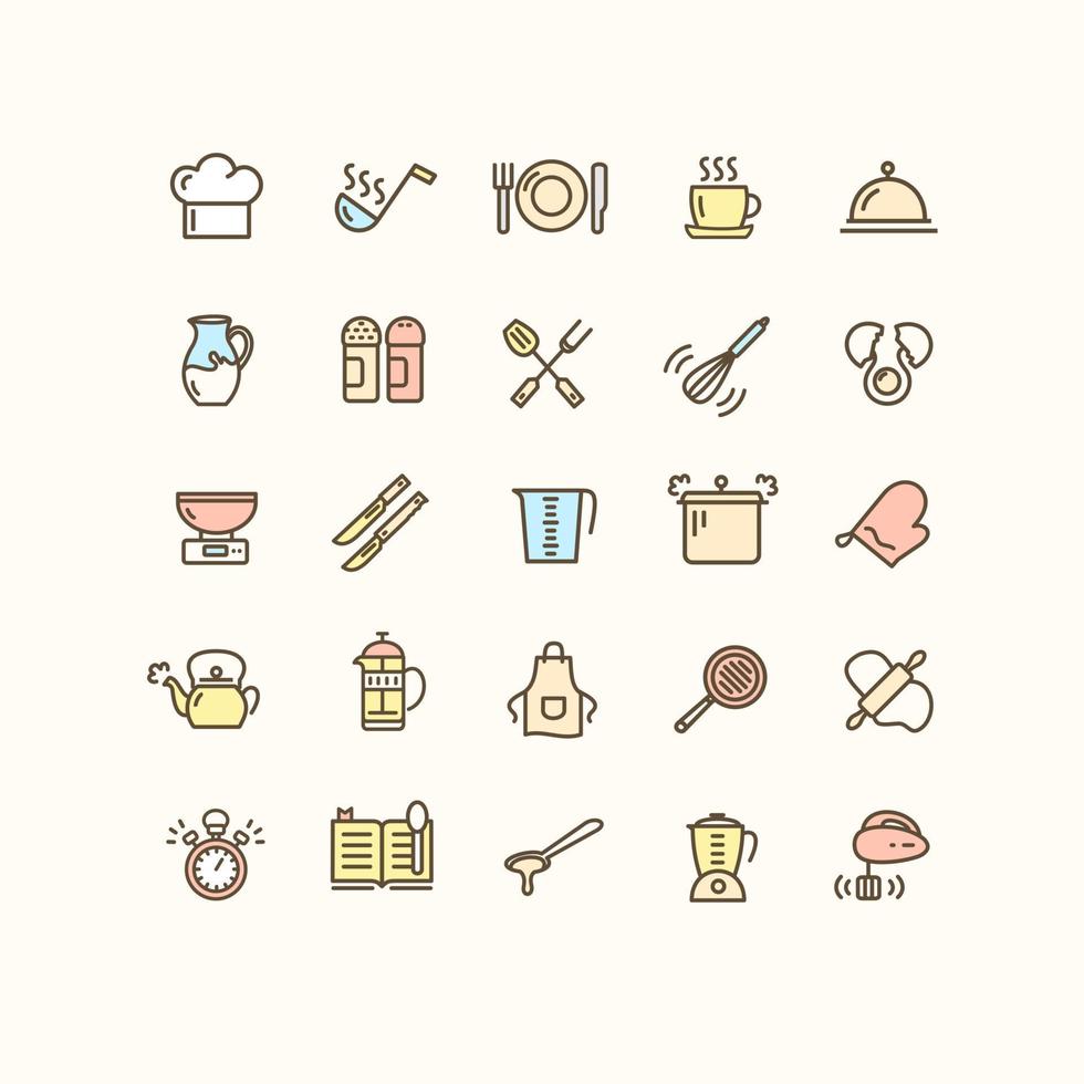 utensilios de cocina signos conjunto de iconos de línea delgada. vector