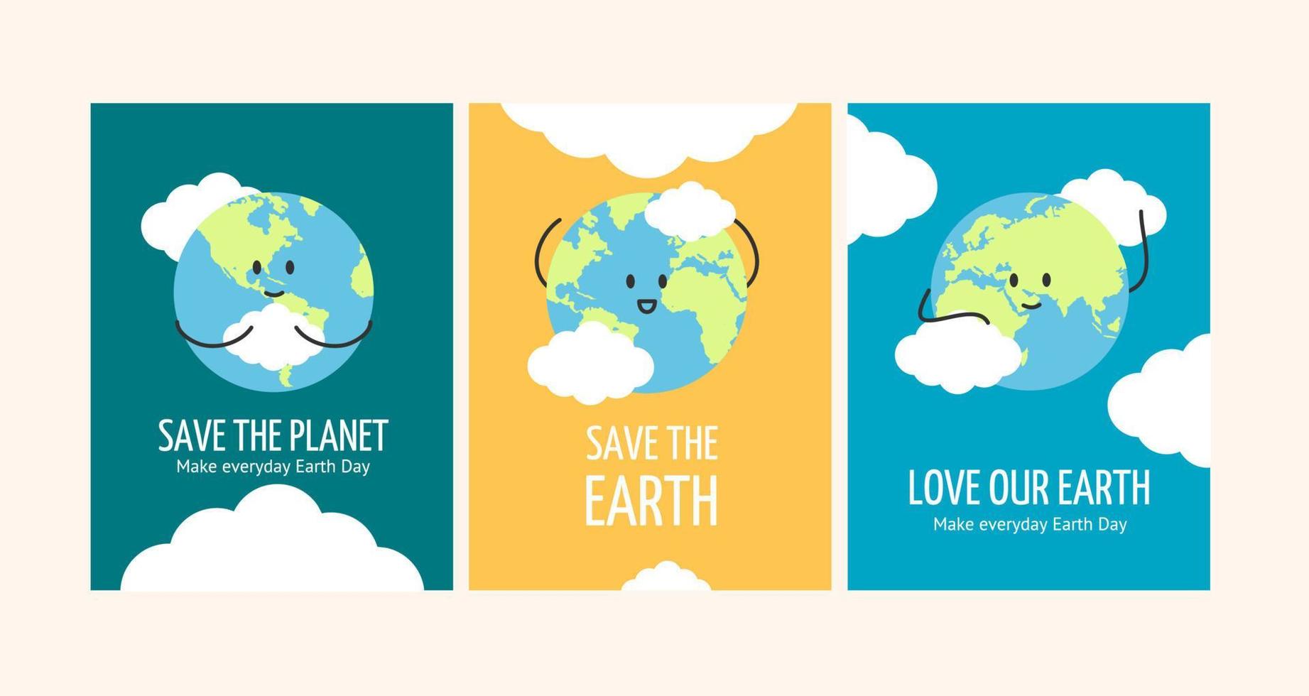 Cartoon Color Save Earth Concept Template Banner Card Set. Vector