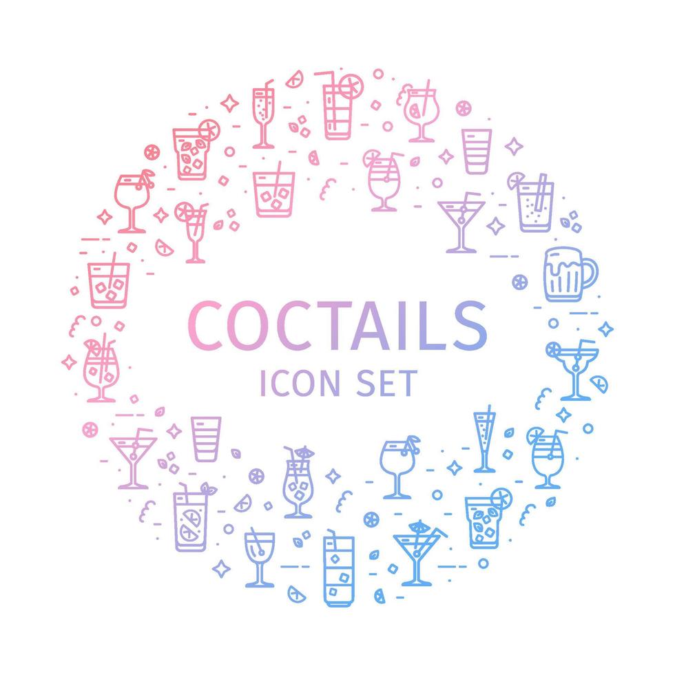 Coctails Round Design Template Thin Line Icon Concept. Vector