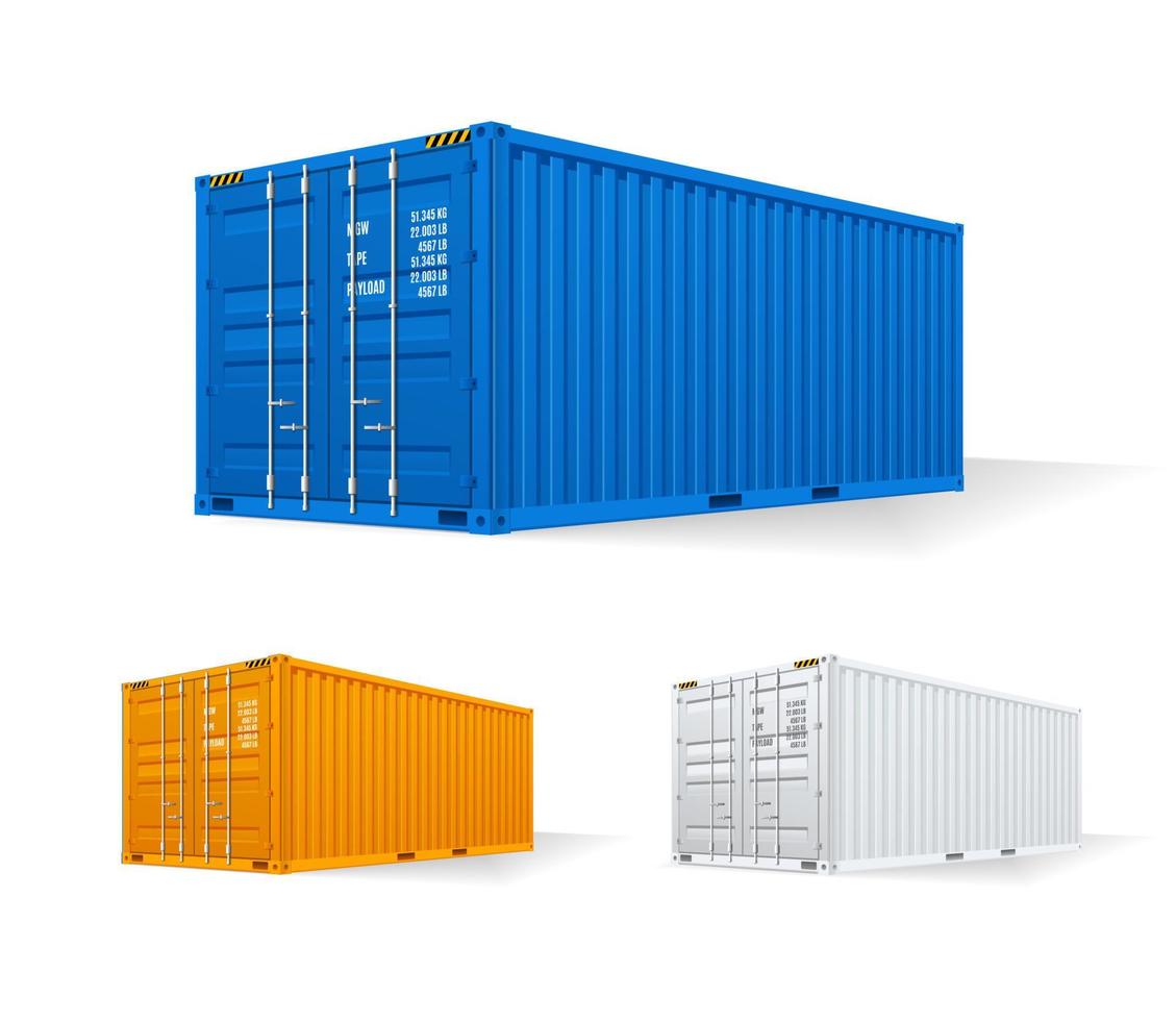 Realistic Detailed 3d Shipping Cargo Container Set. Vector