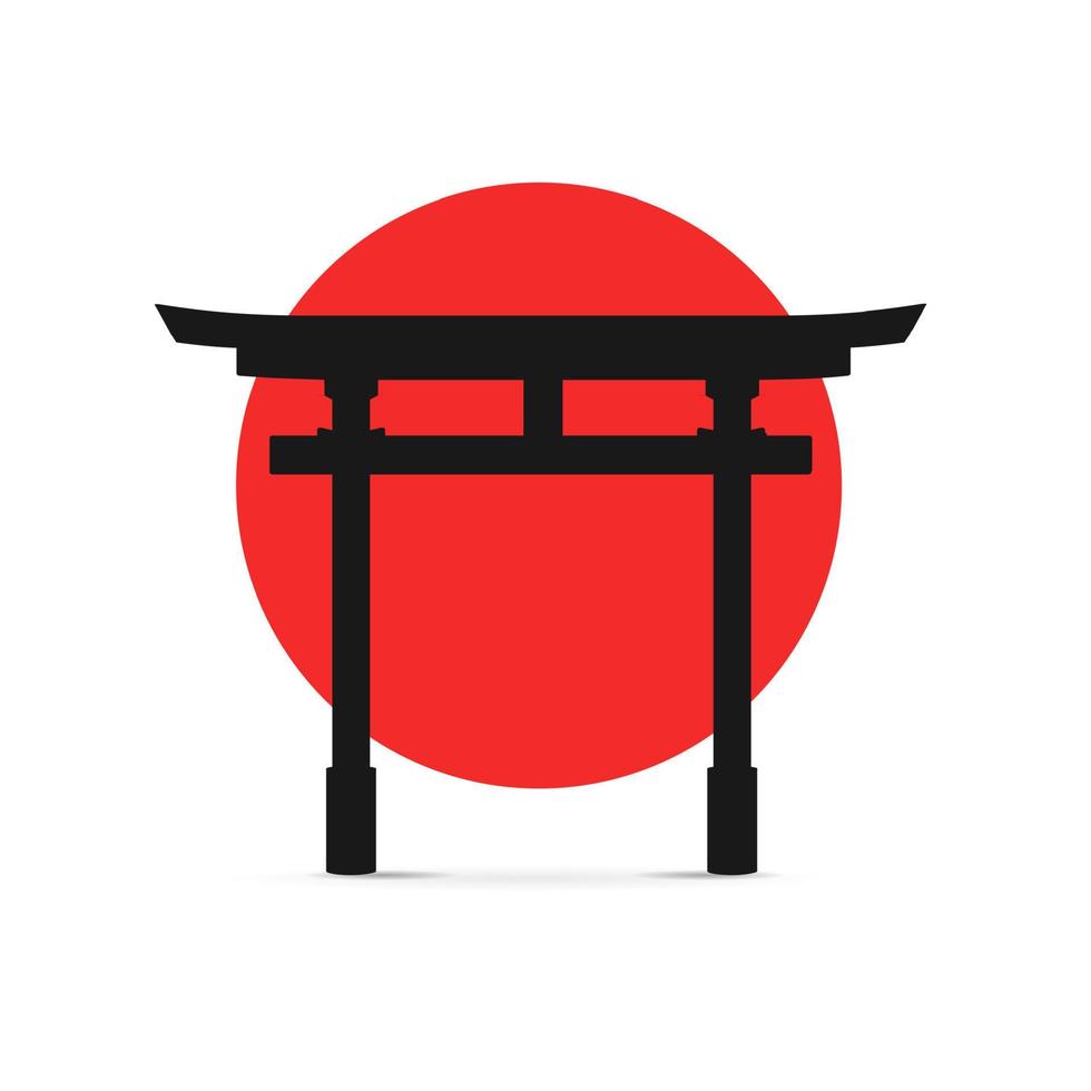 Siluetee la puerta torii tradicional japonesa negra en un sol rojo. vector