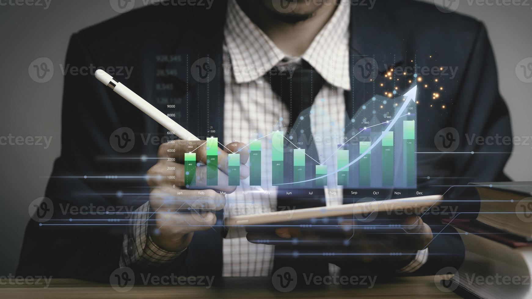 businessman working with business Analytics and Data Management System on tablet, online document management and metrics connected to database. Corporate strategy for finance, operations, sales. photo