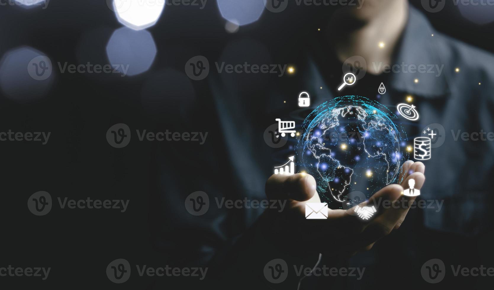Businessman holding a virtual screen world with virtual Global Internet connection. Digital marketing and global internet connection application technology, Digital link tech,Financial daily life. photo
