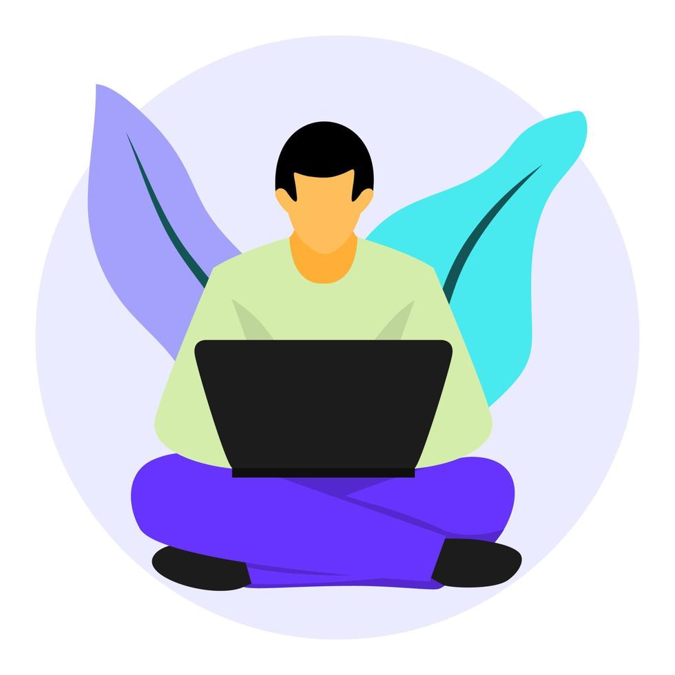 Vector illustration design of a person working in front of a laptop while sitting cross-legged