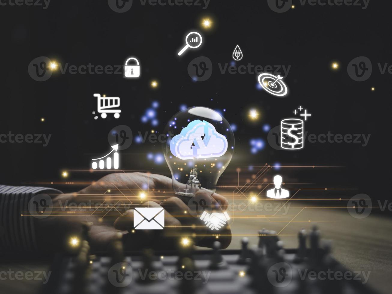 Businessman holding smartphone with virtual Global Internet connection.Digital marketing and global internet connection application technology, Digital link tech,Financial daily life.idea light bulb. photo