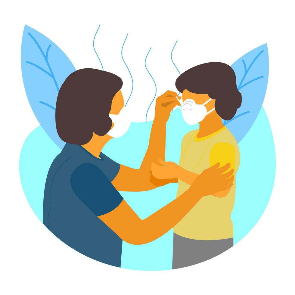 Vector illustration design of a father putting a mask on his son