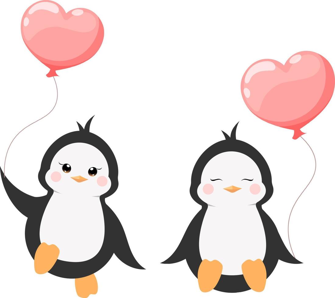 Cartoon cute flying and sitting penguin with heart ball on transparent background vector