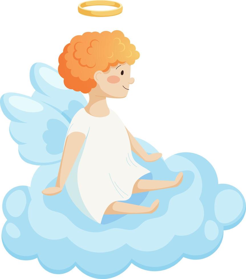 Cartoon angel red-haired boy on cloud with transparent background vector
