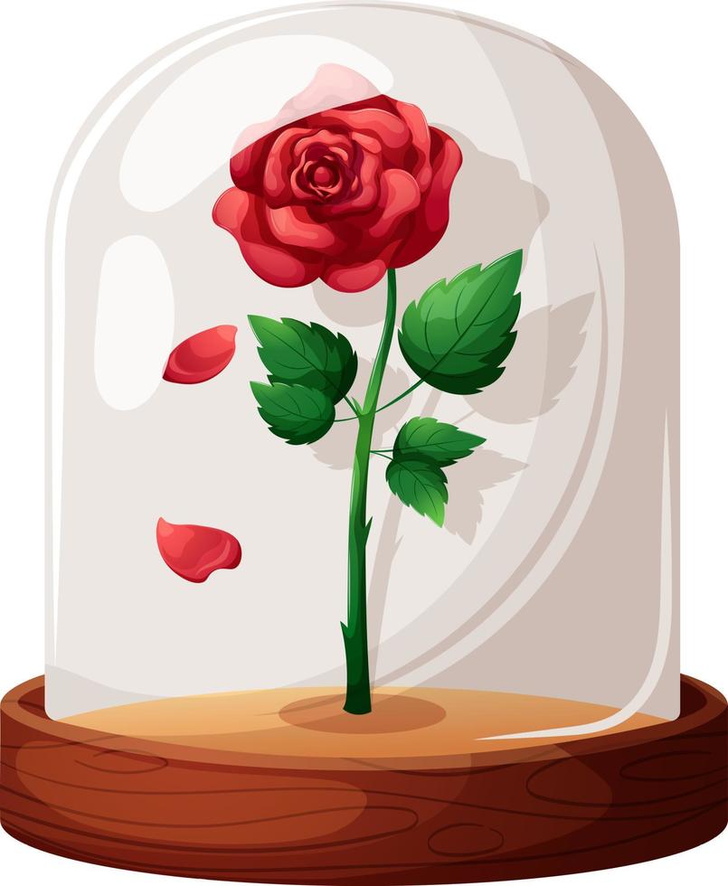 Glass flask with red rose and falling petals cartoon insolated vector