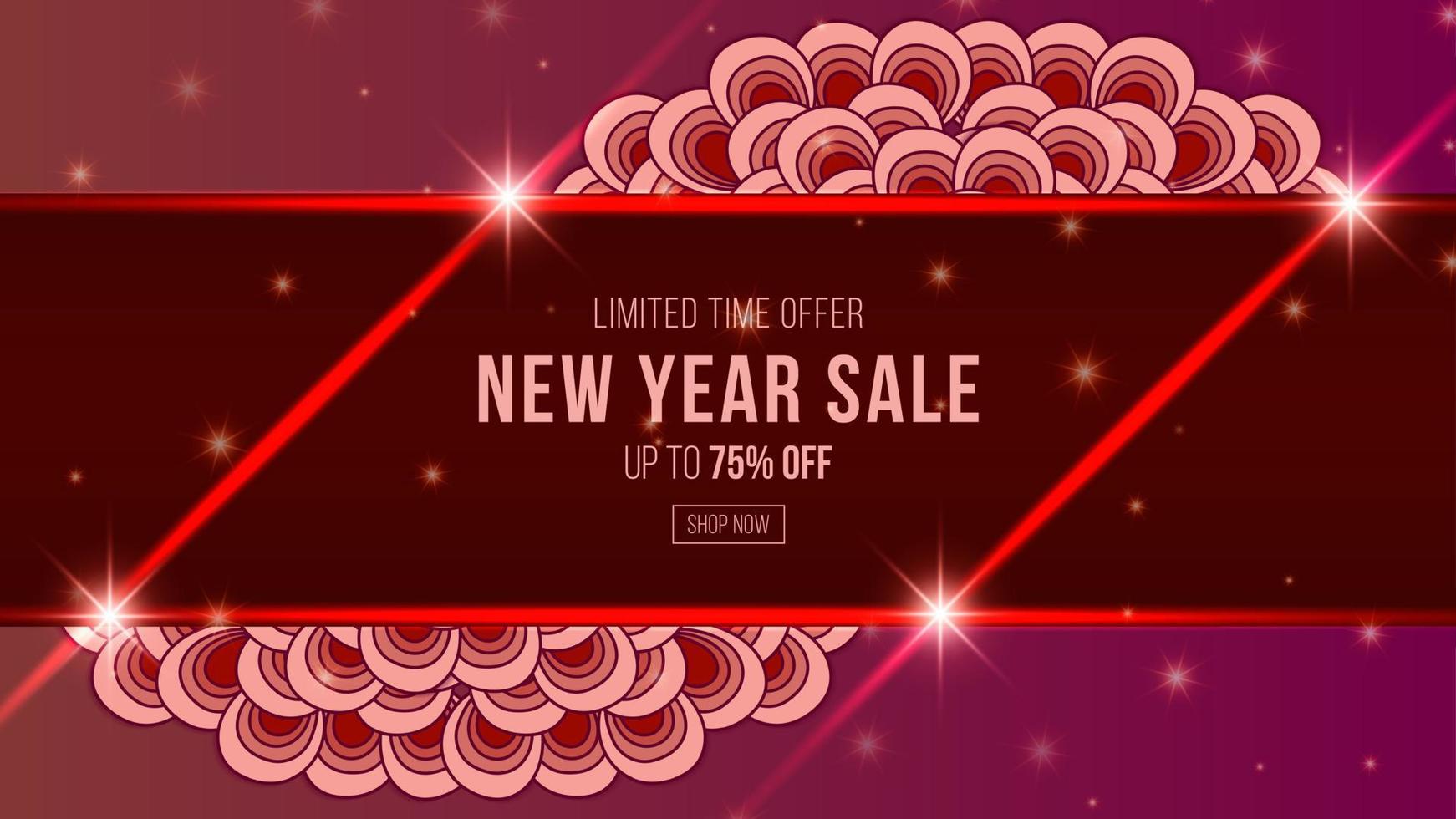 Red new year doodle sale promotion poster banner with product display and festive decoration red background vector