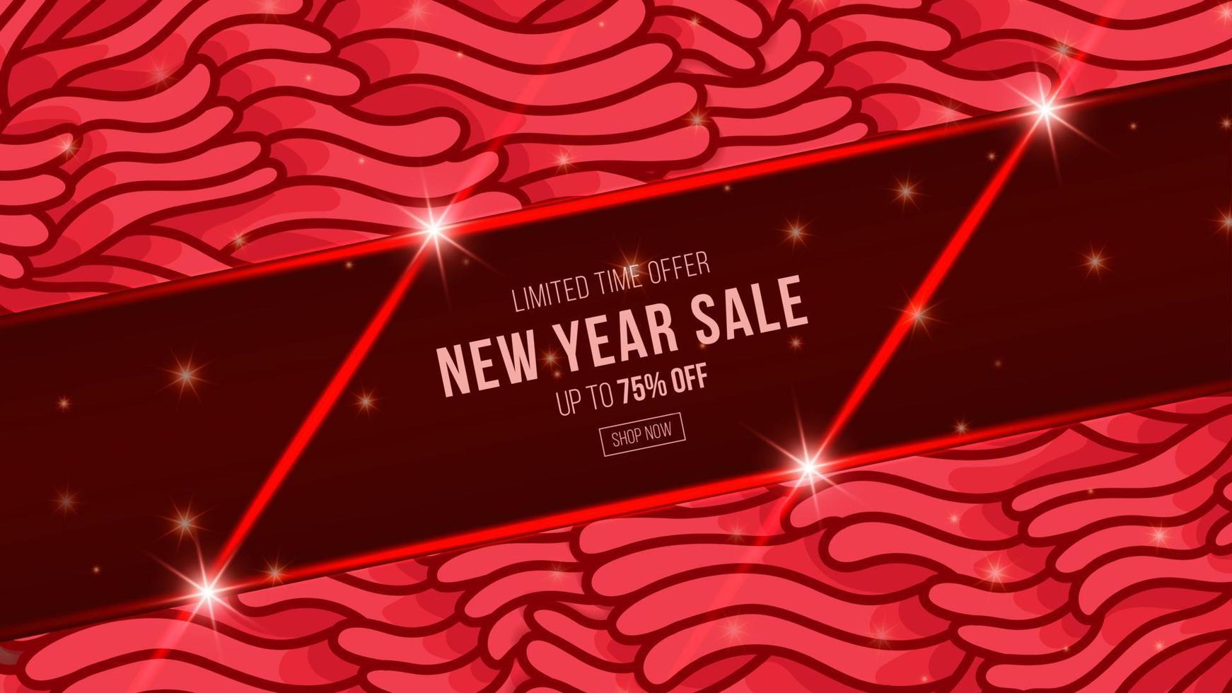 Red new year doodle sale promotion poster banner with product display and festive decoration red background vector