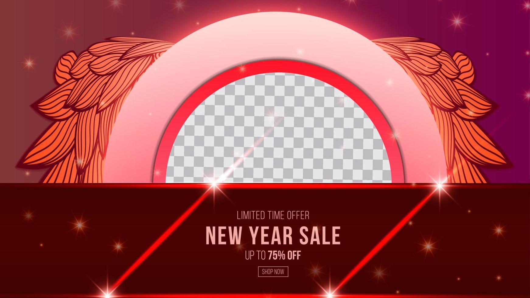 Red new year doodle sale promotion poster banner with product display and festive decoration red background vector