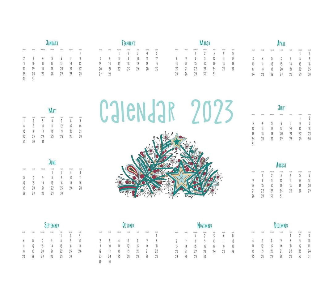 Calendar 2023 poster, doodle stylized stars decoration and Christmas tree with Viva Magenta trend color 2023. vector