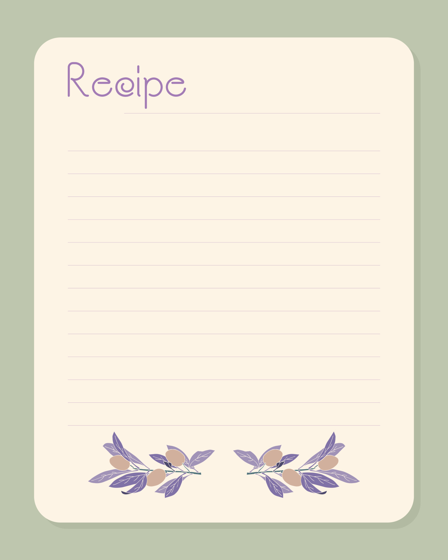 Recipe template for notes blank lined paper with olives hand drawn Recipe template for notes blank lined paper with olives hand drawn