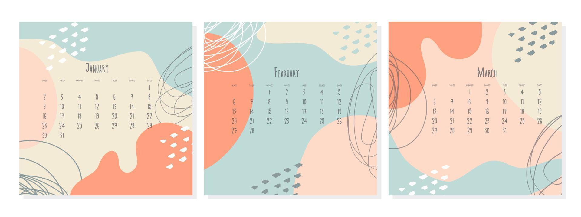 conjunto de plantillas de calendario 2023 por meses enero febrero marzo, concepto de portada de calendario, ilustración abstracta de estilo boho. vector