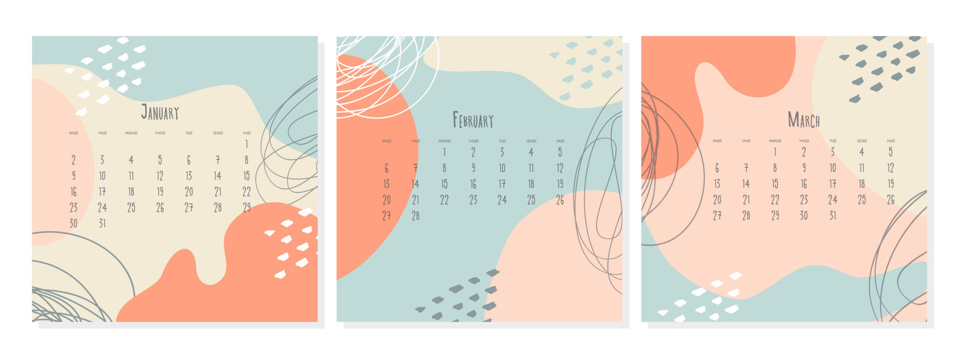 Set Of 2023 Calendar Template By Months January February March , Calendar  Cover Concept, Boho Style Abstract Illustration. 15938308 Vector Art At  Vecteezy