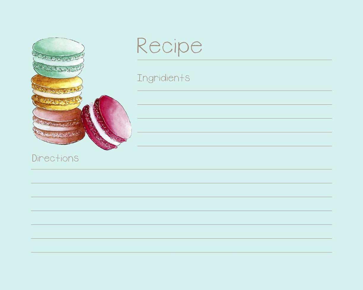 plantilla de receta para notas. fondo azul con macarrones de acuarela dibujados a mano. vector