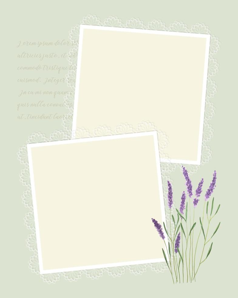 Vintage collage template for photo book, reminders, social media, notes, to do list. Scrapbooking, lavender watercolor, lace. vector