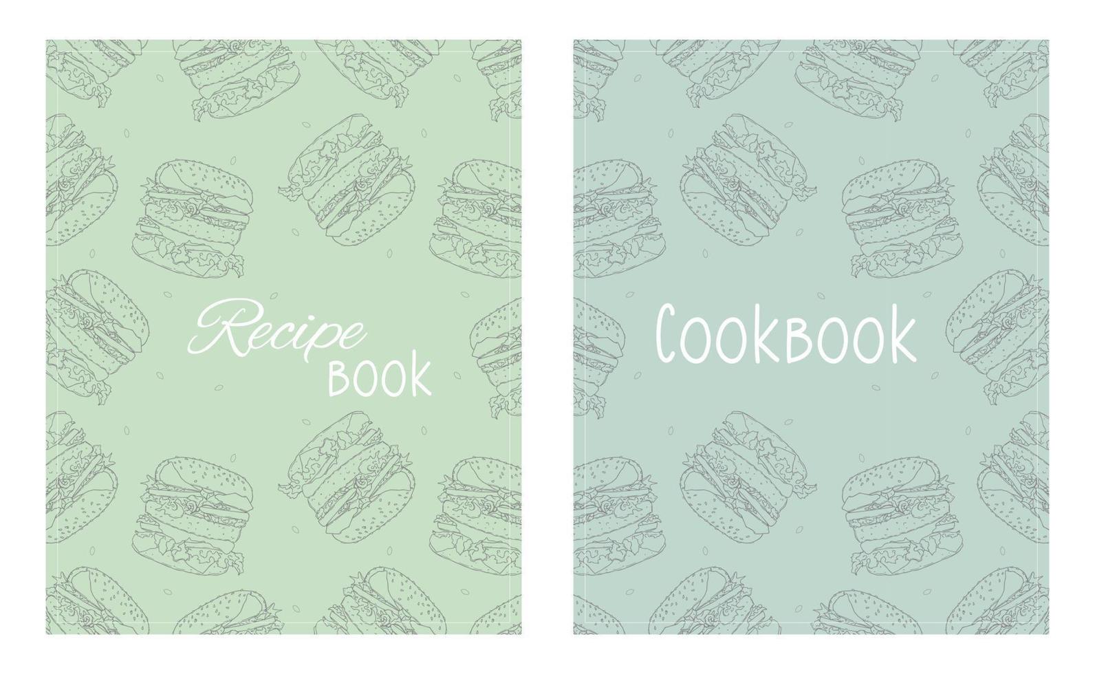 Cover page templates for Recipe books based on seamless patterns with hand-drawn burgers. Cookbook cover layout. vector