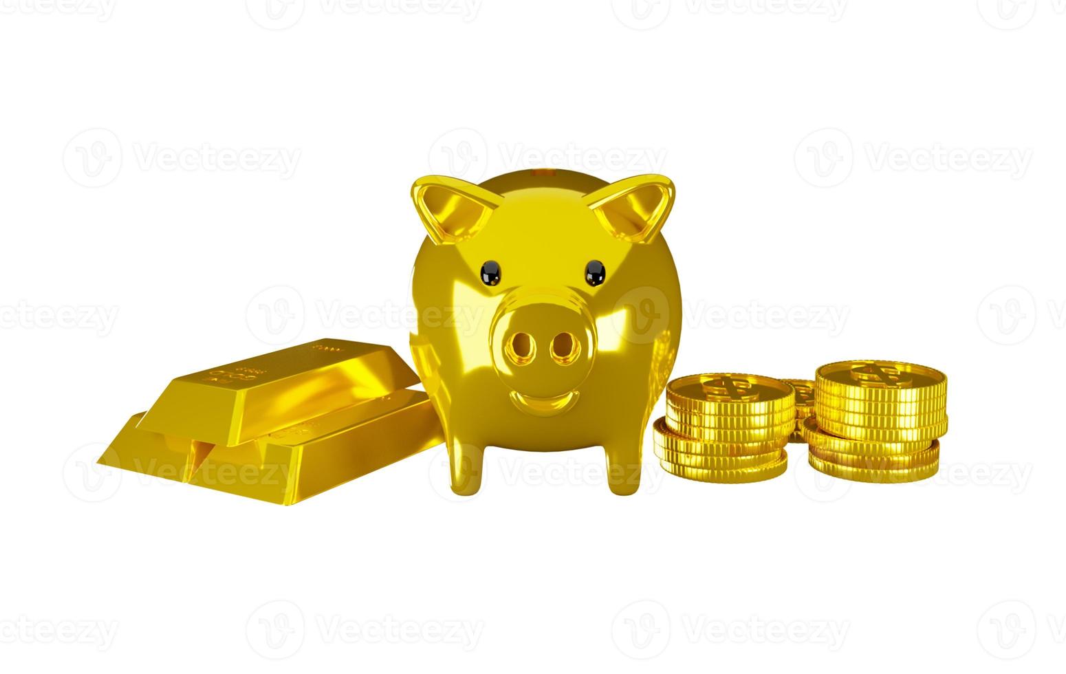 3d render money jar pig gold and gold bars with money gold dollar coin stack, white background concept saving and financial business photo