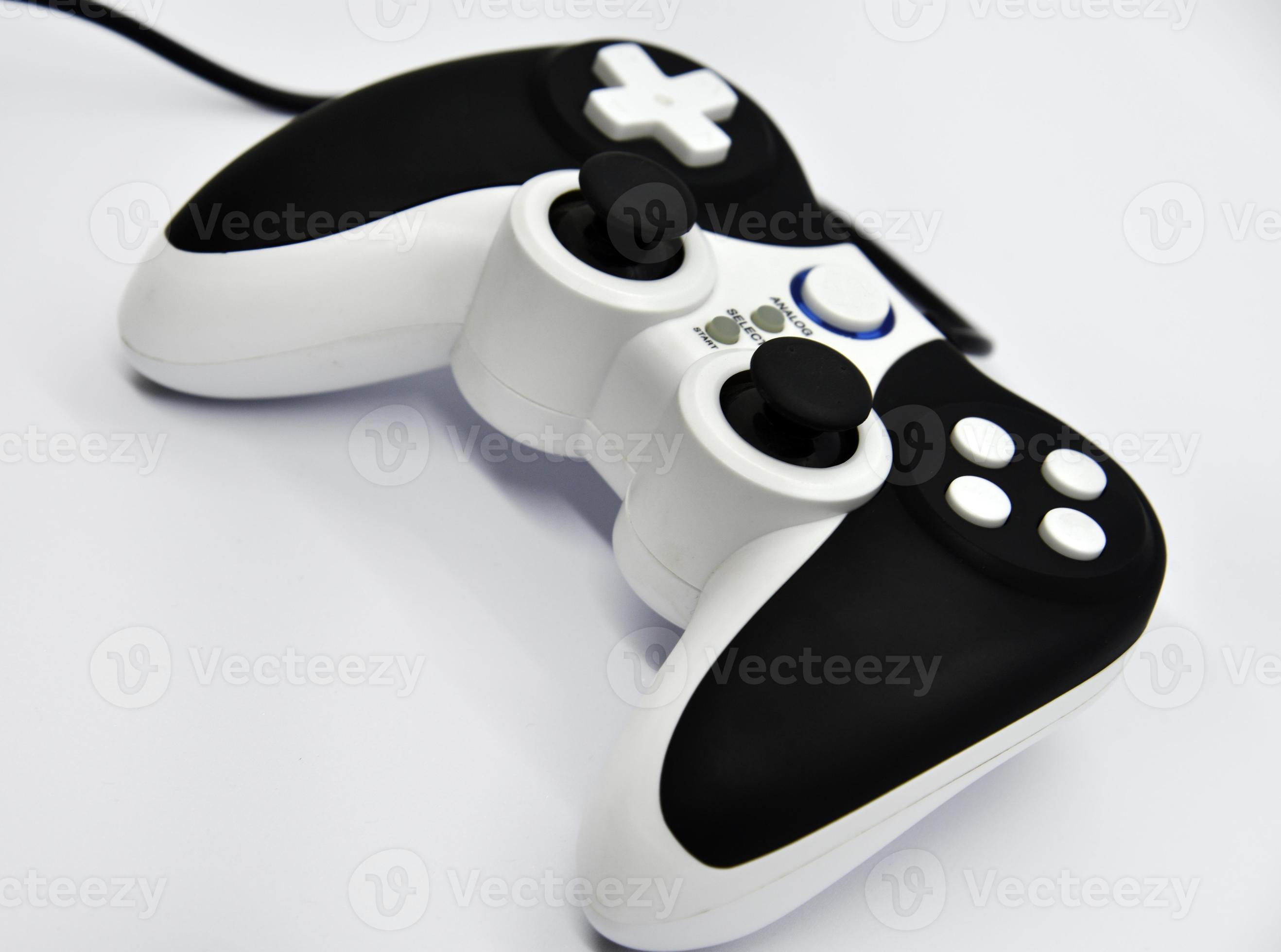 The gamepad is black and white on a white background. Game joystick