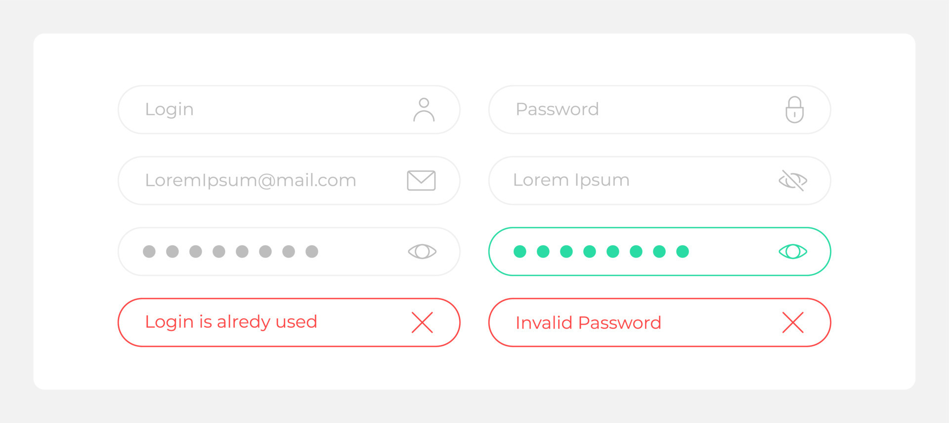 Login page UI elements kit. Account registration isolated vector