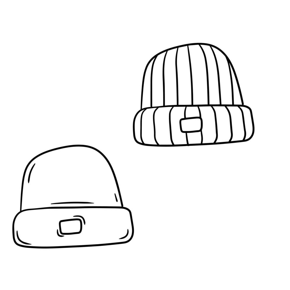 Set Of Knitted Hat. Winter clothing for the head. Hand-drawn sketch illustration. vector