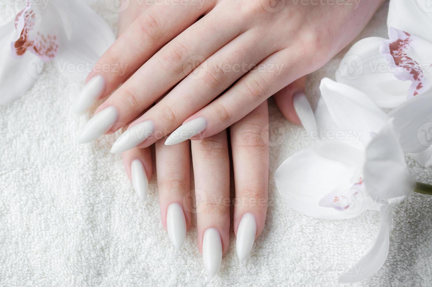 Hands of a young woman with white manicure on nails photo