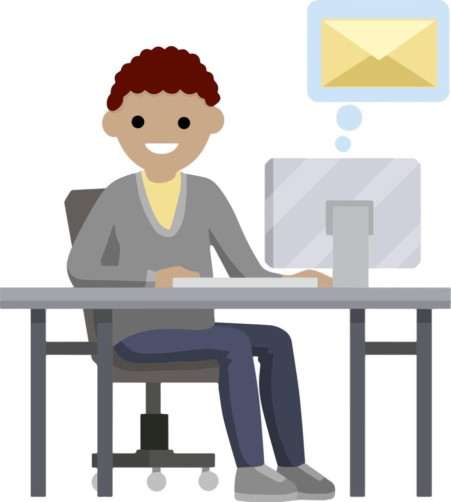 Young man sit at table with computer and receives letter. e-mail in messenger, chat with friends on Internet. Cartoon flat illustration. Work in office. postal envelope in bubble vector