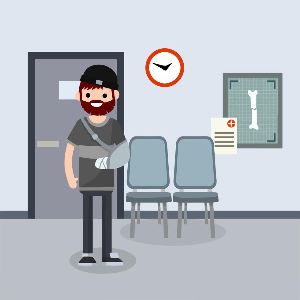 Man with broken arm in doctor office in hospital. Hand in bandage. Providing medical care. Trauma patient. Crack in bone. X-rays and chairs. Cartoon flat illustration vector