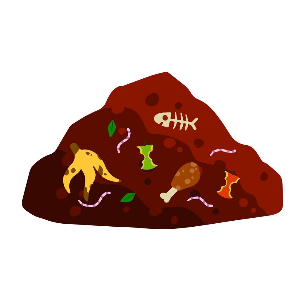 Compost soil. Pile of earth with worms. Farming and food waste. Ecological humus. Flat cartoon vector