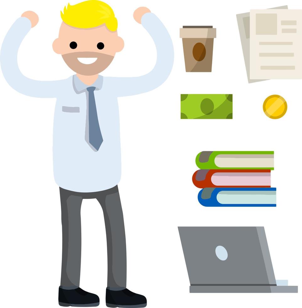 Male employee in shirt and tie. Office man and set of objects. Cute character. Joyful guy. Cartoon flat illustration. Books, laptop, coffee, document file, cash and coin money vector