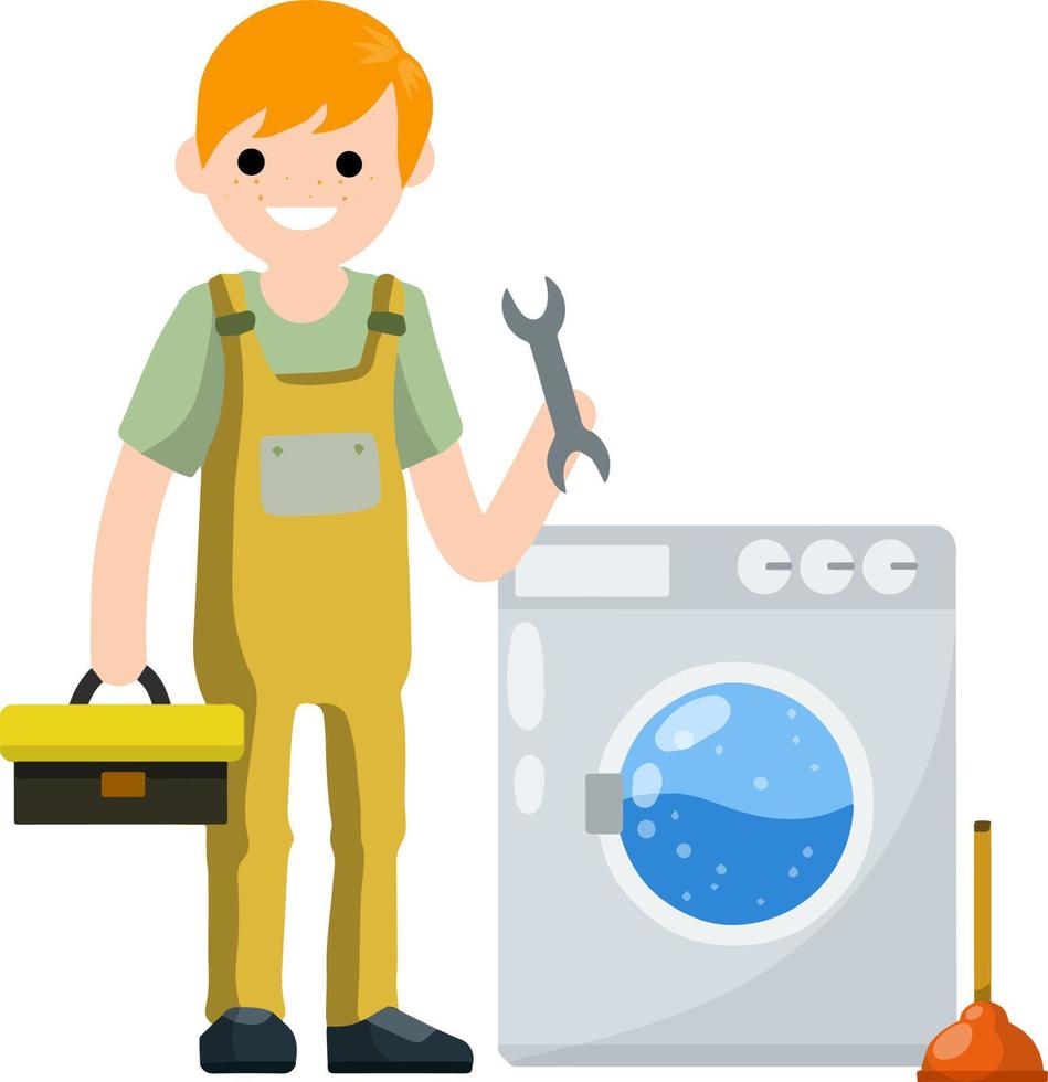 Plumber repairs washing machine. Breakdown of household appliances. Toolbox in hand. Problem with Laundry. Worker with a wrench, tool. Service and fix vector