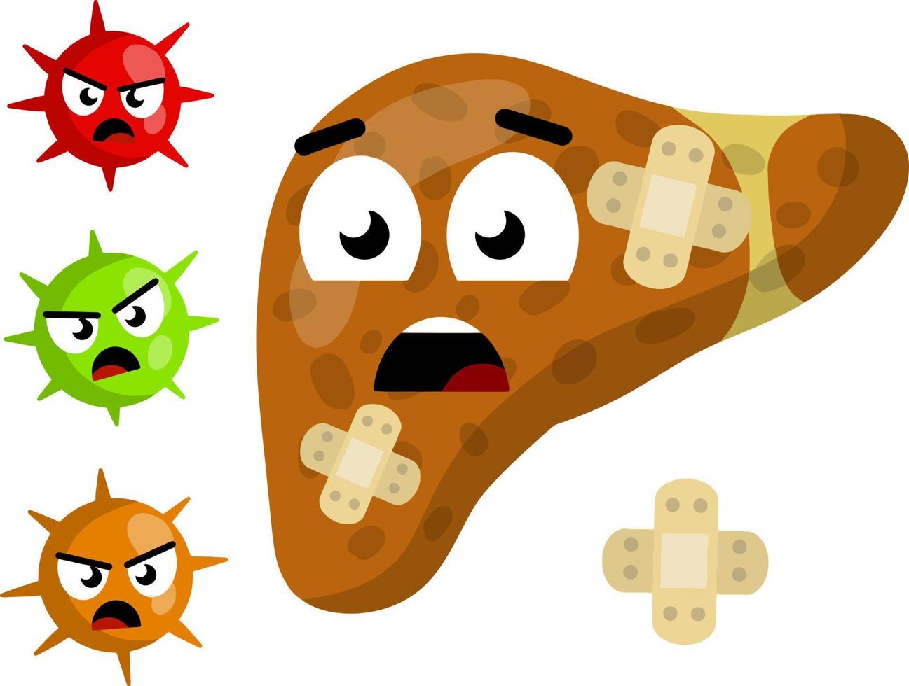 Bad liver. Medical Disease of human internal organ. Attack germs and cirrhosis of liver with plaster. Evil emotions virus with green, red, orange face. Funny cartoon flat illustration. Health problem vector