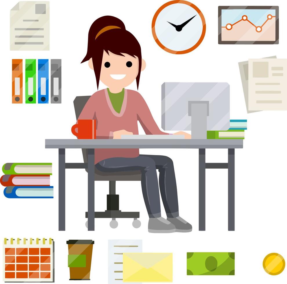 Woman sit at Desk with computer and typing message in front of monitor. Set of business icons-yellow folder, case for document, schedule, red coffee mug, cash. Flat picture. Businesswoman at work vector