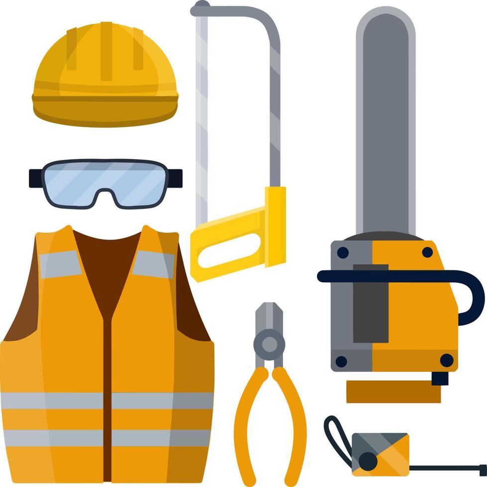 Set of tools for the worker and Builder. Chainsaw and sawmill. Helmet, vest and goggles. Roulette and pliers. vector