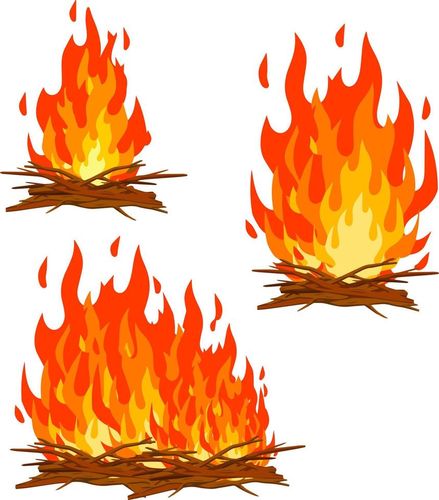 Red campfire. Orange flame. Tourist bonfire. Element of a hike. Heat and hot object. Fire lined with stones. Cartoon flat illustration vector
