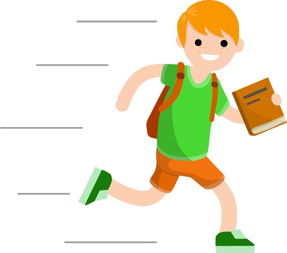 niño corre con el libro. estudiante va a la escuela. estudiante con mochila llega tarde a la escuela. chico con ropa de verano. ilustración plana de dibujos animados. niño feliz vector