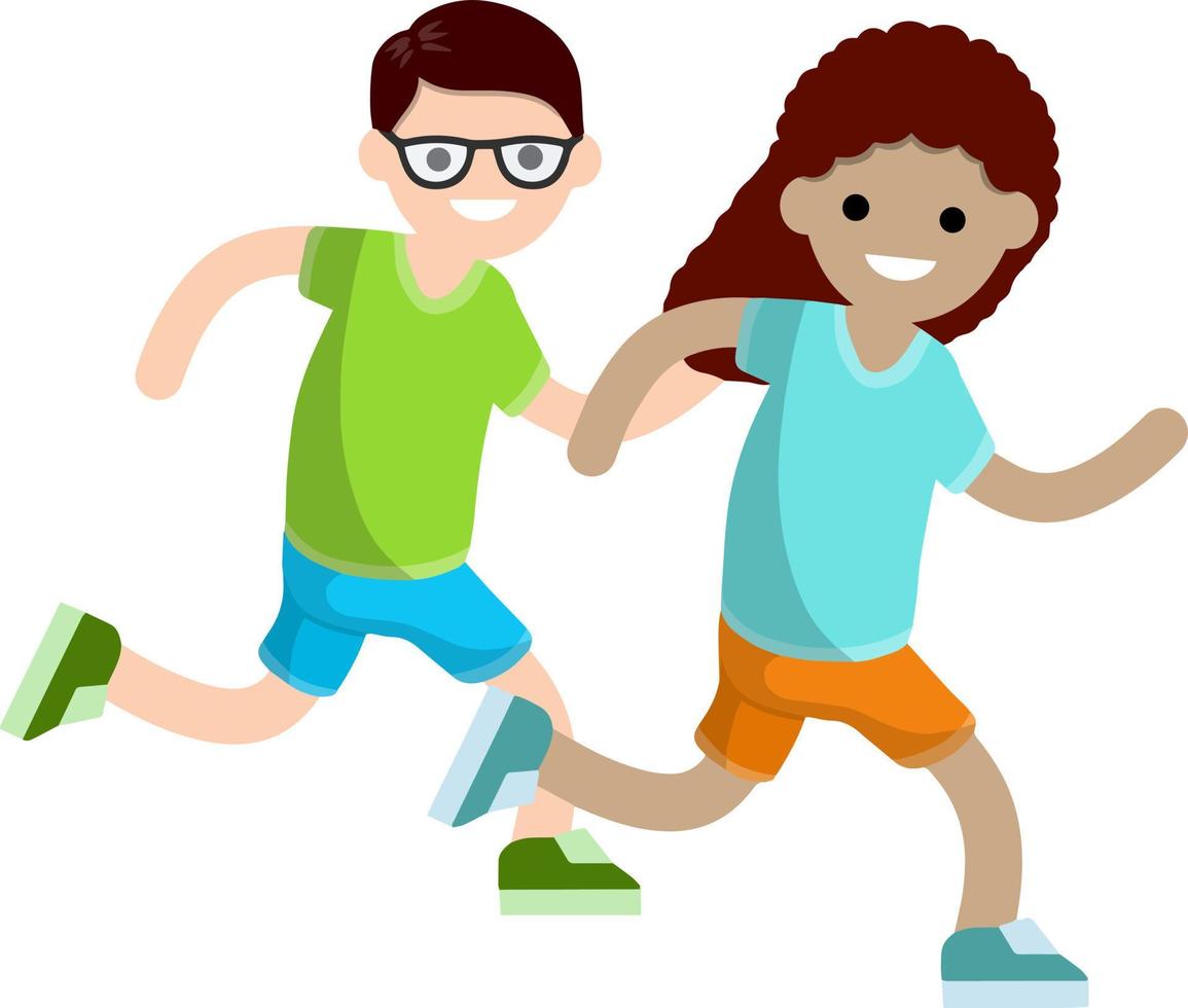 Kids are running race. Boy competes with girl. Sports and entertainment