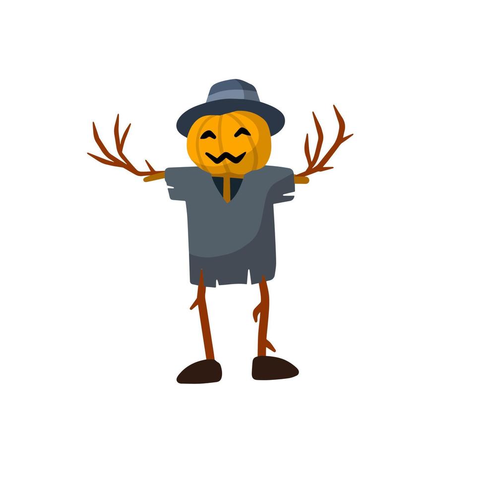 Scarecrow with a pumpkin head. Funny bogeyman with hat. A fabulous Halloween Character. Old clothes and a stick. Flat cartoon illustration vector