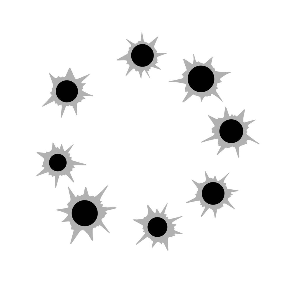 Bullet holes. Torn of gunshot hitting the wall. Template of shooting. Flat illustration isolated on white vector