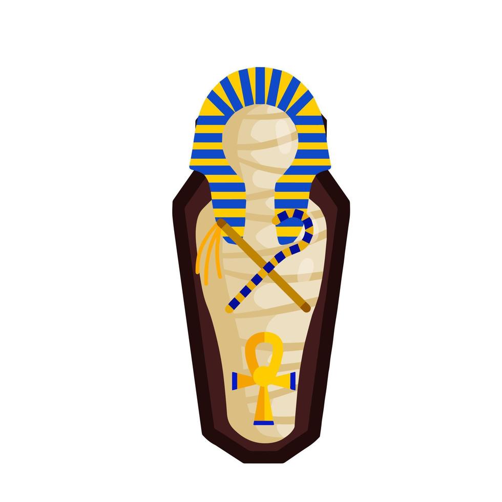 Mummy in a coffin. Sarcophagus with body. Ancient ruler Pharaoh of Egypt. Archaeology and the corpse. Halloween monster. Flat cartoon illustration vector