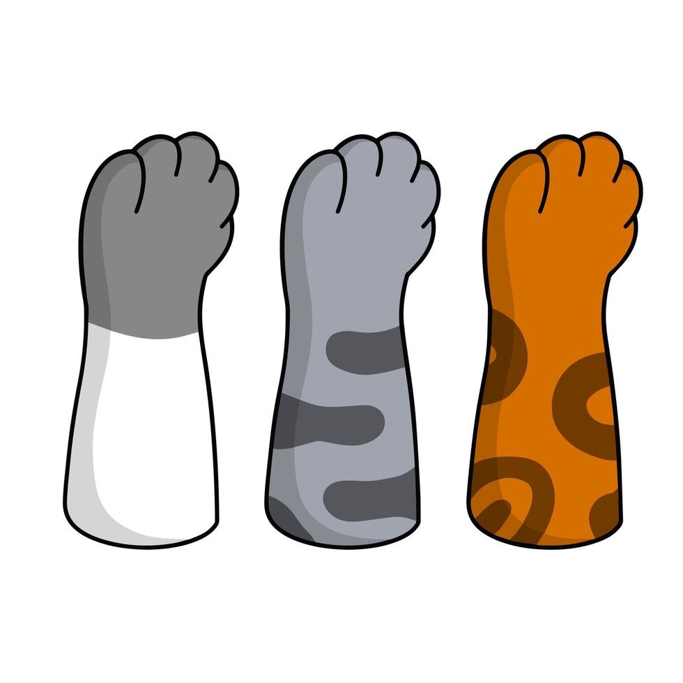 Set of different paw. Cat hands of different colors. Collection of breeds of Pets. Spots and stripes. Cartoon flat illustration. White, black, red, grey animal with fur vector