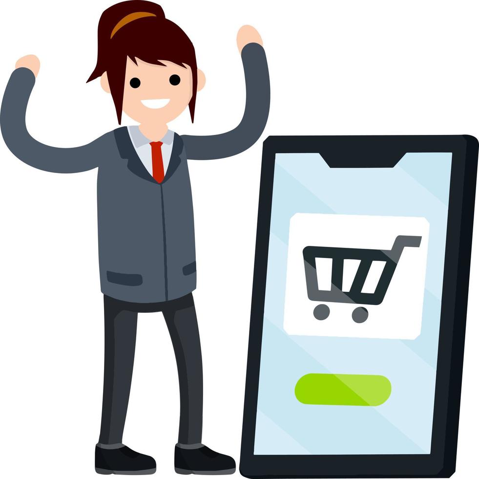 Shopping in online store. Cart on screen. Businessman and big mobile phone. Woman in suit. Happy office worker. Cartoon flat illustration. vector