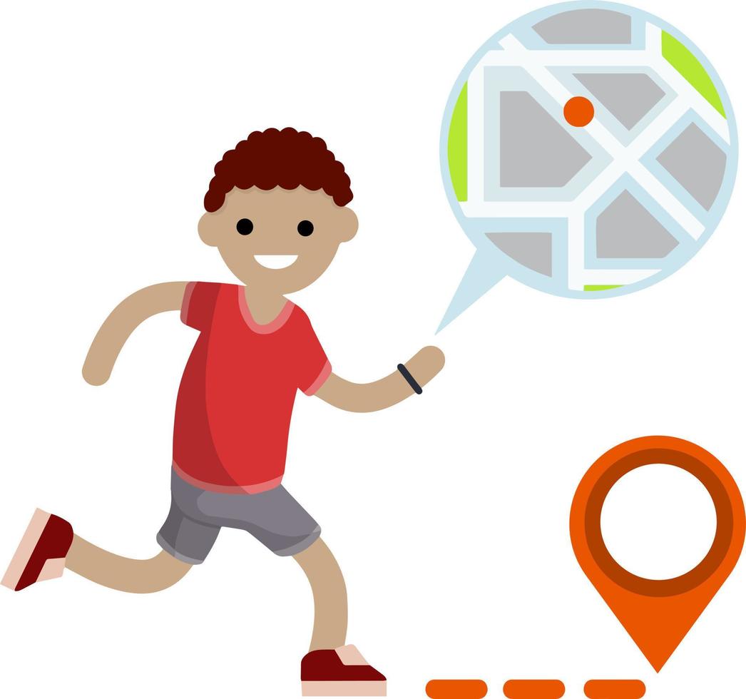 Man run with smart watch. Navigation and route search. Modern technology. Sports and Hobbies. Healthy lifestyle. Cartoon flat illustration. Young boy in shorts. Tracking and city map vector