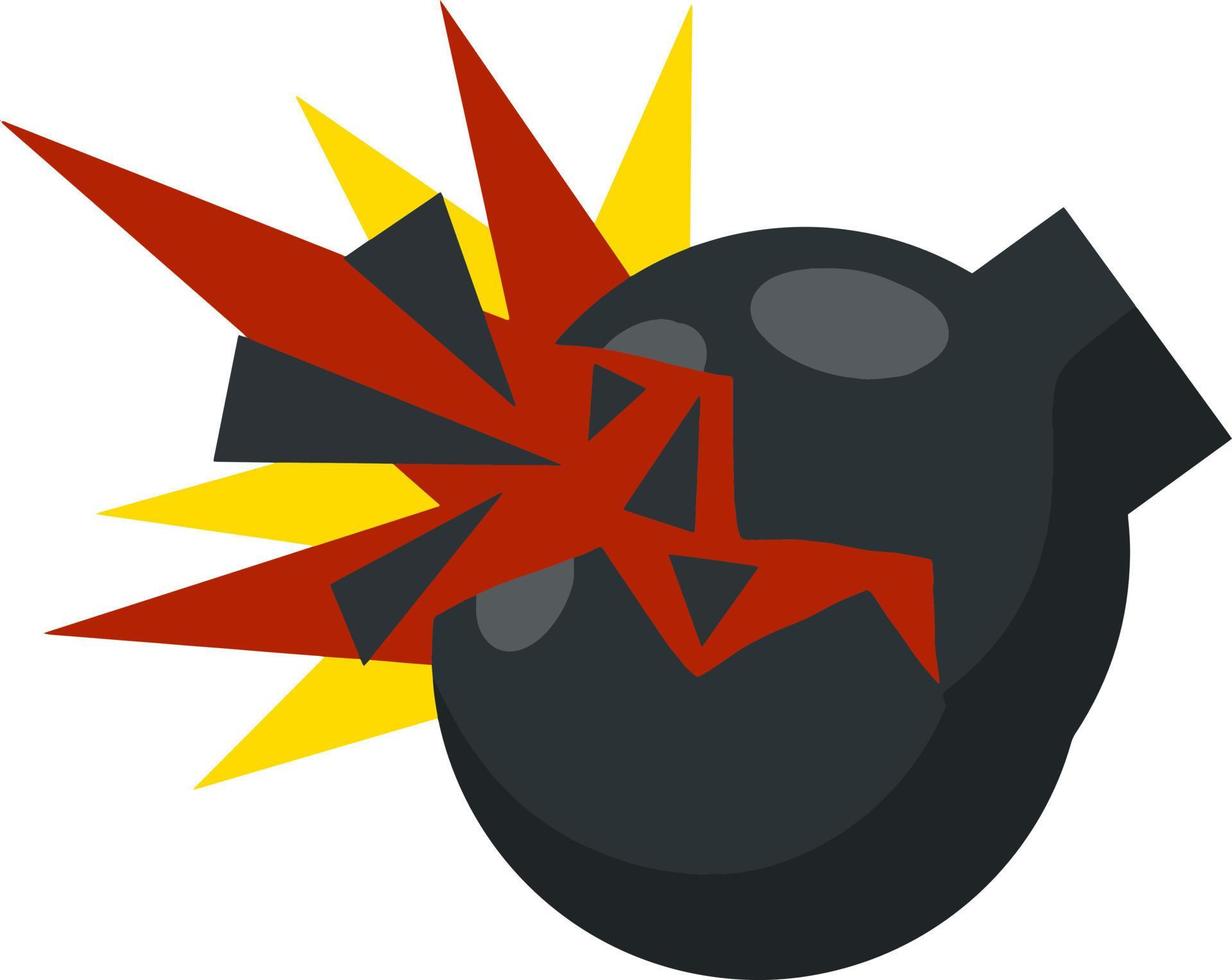 Flat black round bomb with rope wick isolated on white. Army weapon and ammunition armament. Explosive dynamite. Terrorism threat. Defense and attack. Vector cartoon danger object illustration